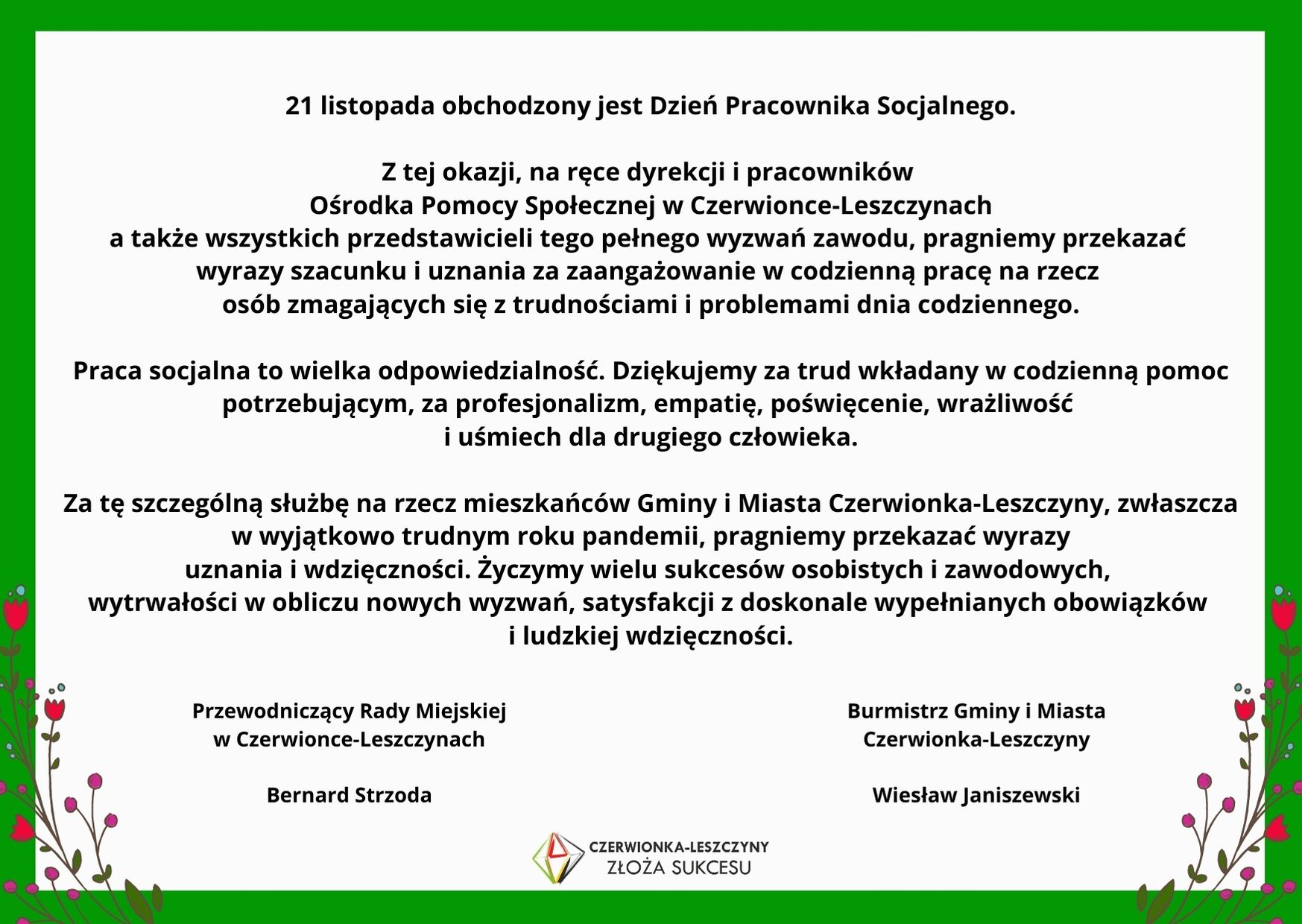 Życzenia z okazji Dnia Pracownika Socjalnego